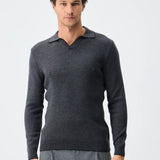 Pulover polo tricotat cu guler în V - gray