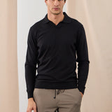 Pulover polo tricotat cu guler în V - negru