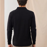 Pulover polo tricotat cu guler în V - negru