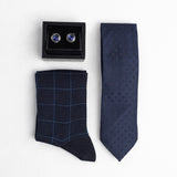 Set Cadou Accesorii (Butoni, Șosete, Cravată) Albastru Inchis cu Dungi
