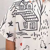 Cămașă oversize cu guler cubanez – „Village Sketch” (alb-ivoire)