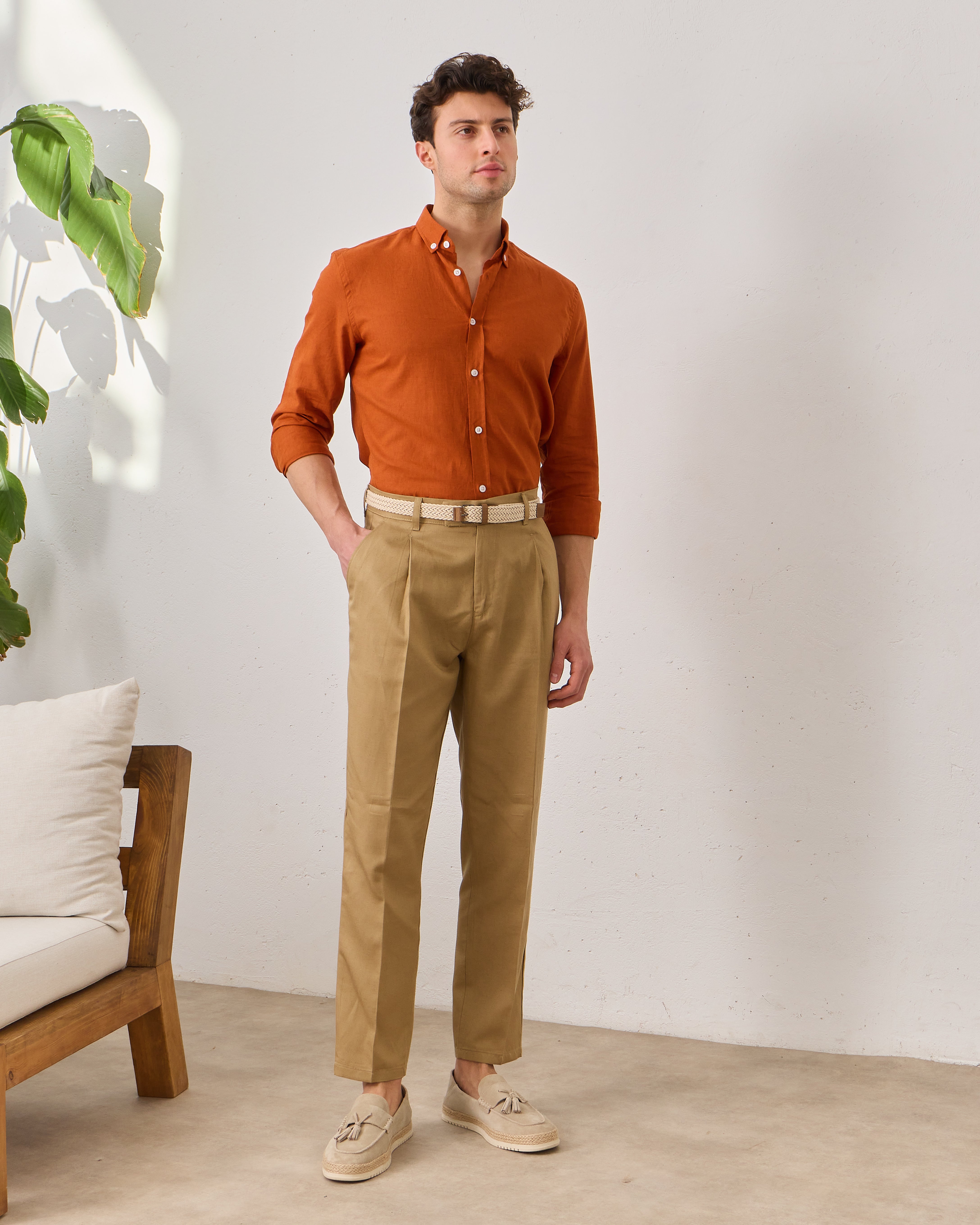 Pantaloni Everhold, Cropped cu Pense, Camel