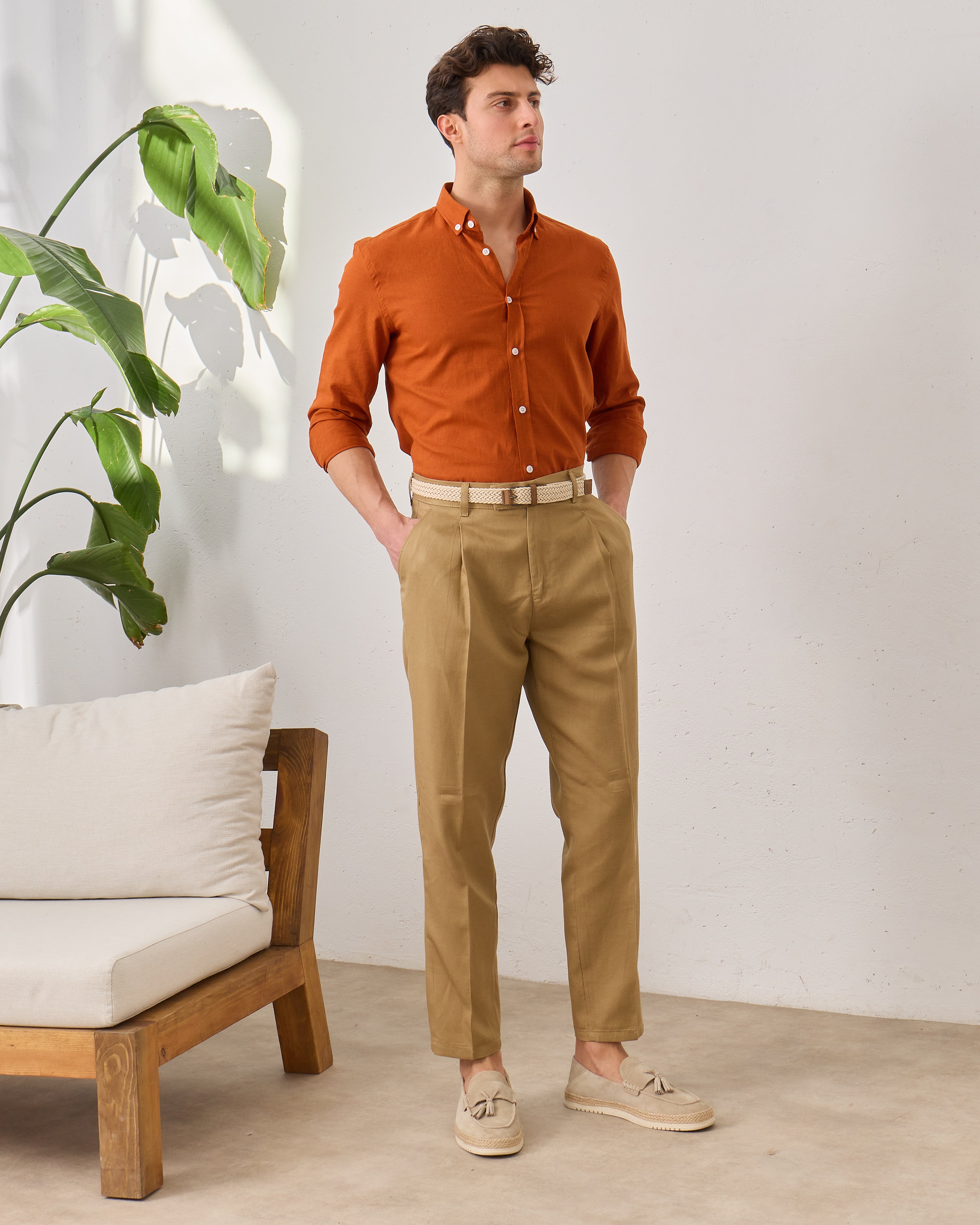 Pantaloni Everhold, Cropped cu Pense, Camel