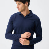 Pulover polo tricotat cu guler în V - bleumarin