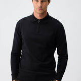 Pulover polo cu fermoar – amestec cașmir - negru