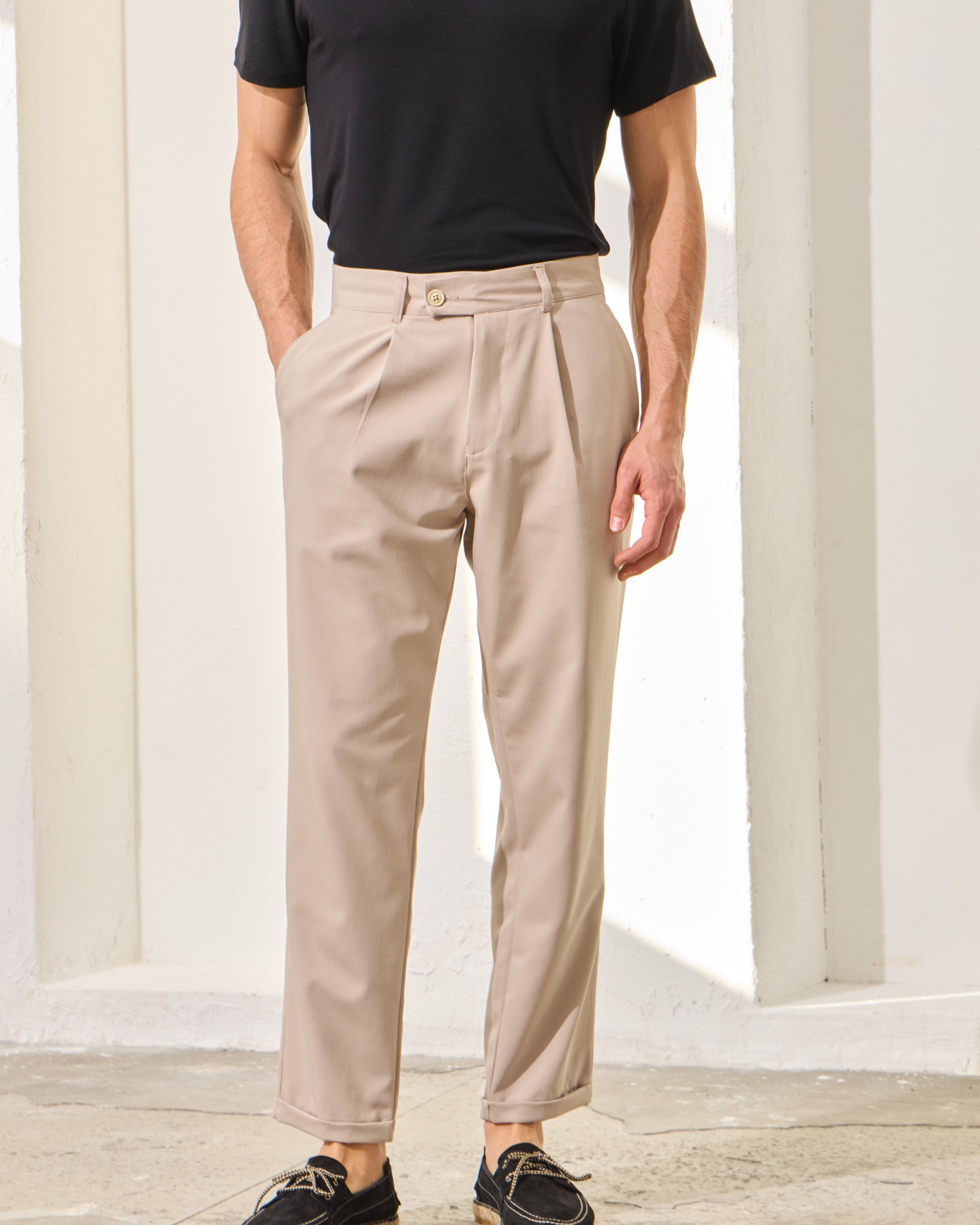 Pantaloni Everhold, Cropped cu Pense, Crem