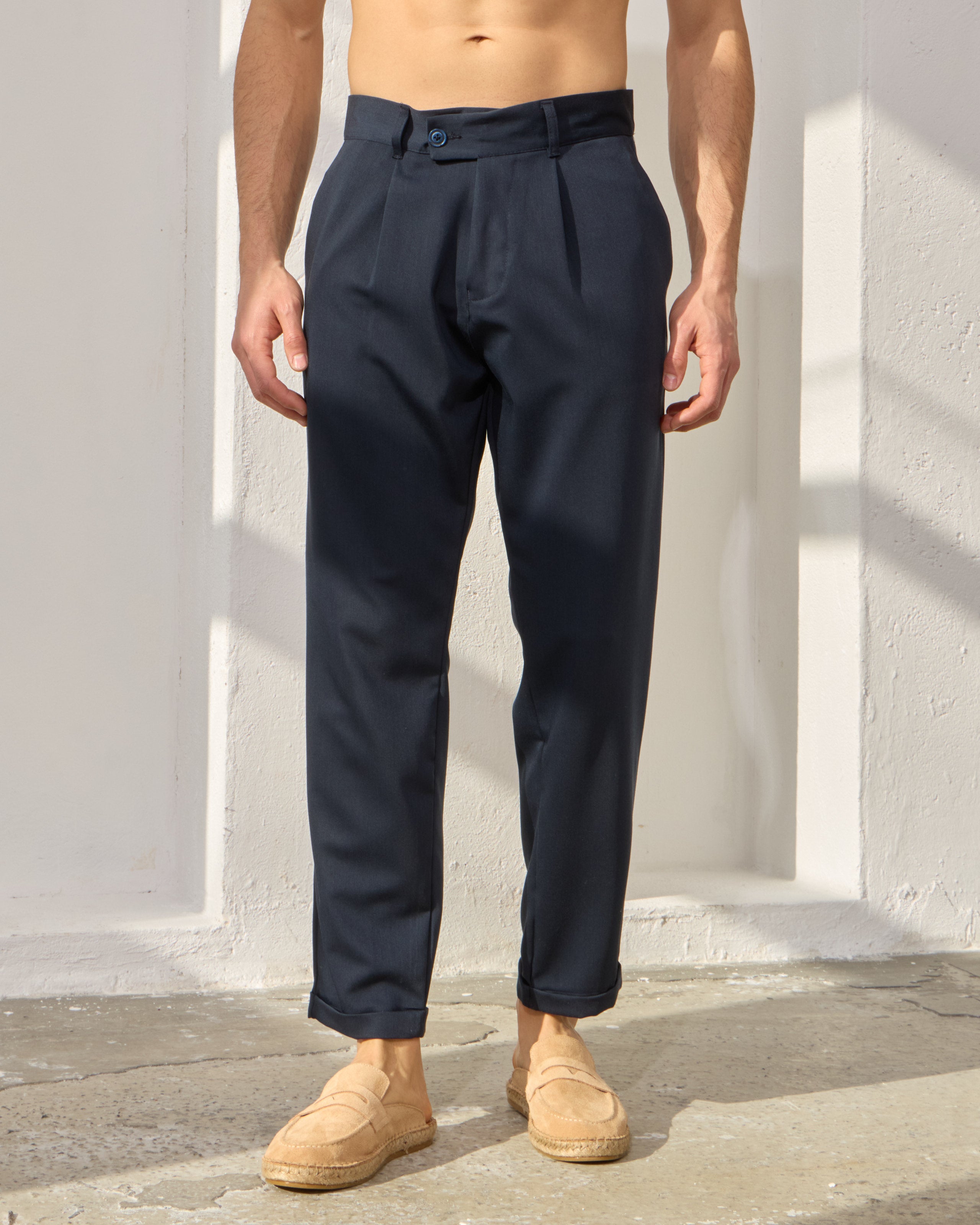Pantaloni Everhold, Cropped cu Pense, Navy
