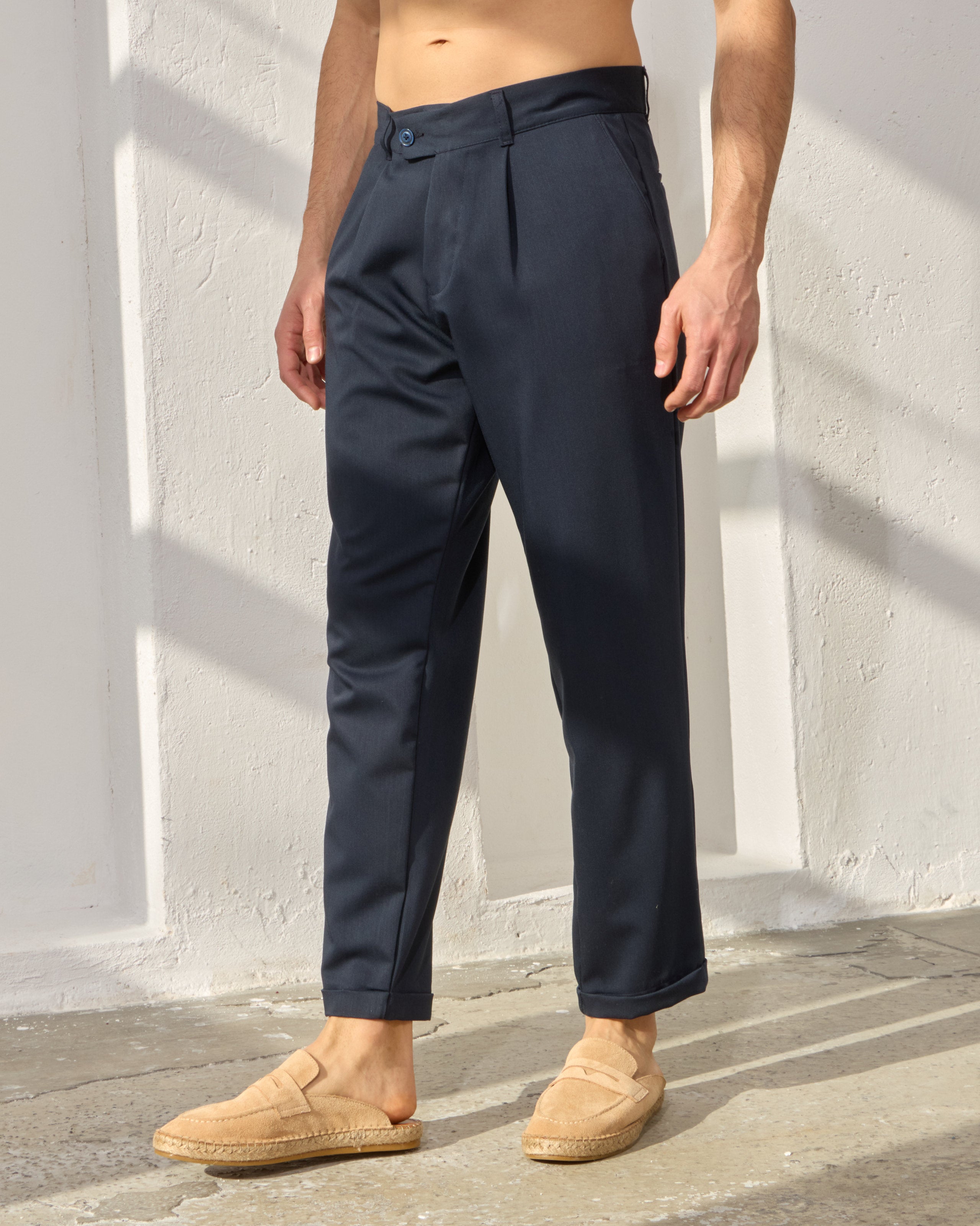 Pantaloni Everhold, Cropped cu Pense, Navy