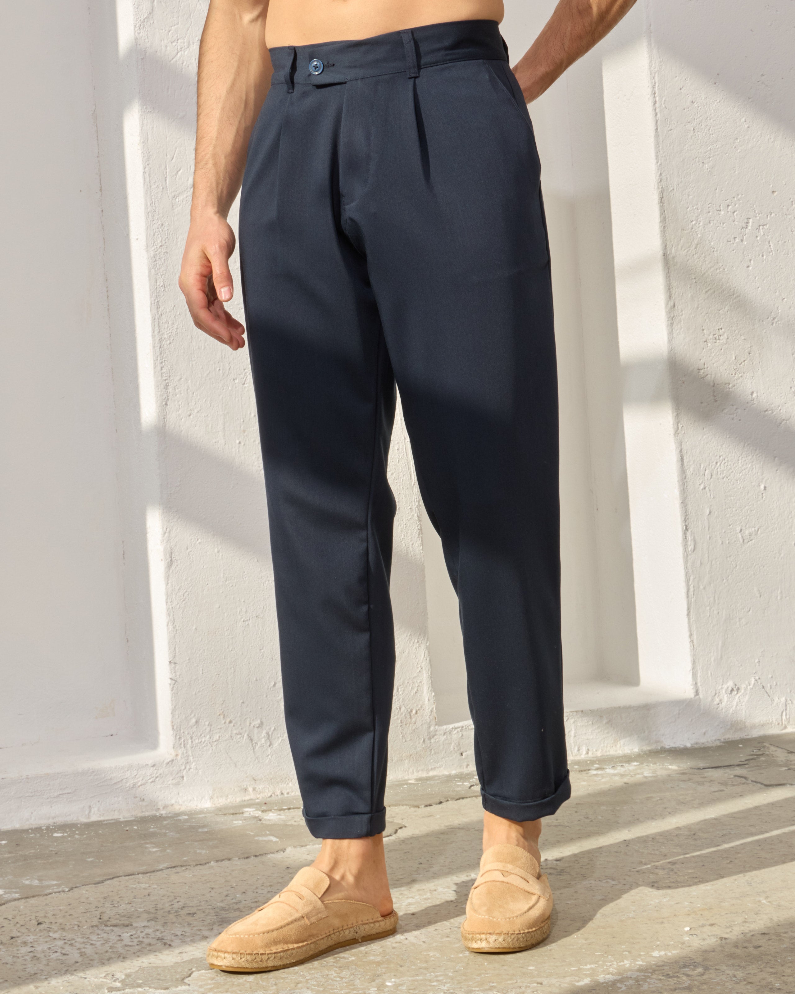 Pantaloni Everhold, Cropped cu Pense, Navy