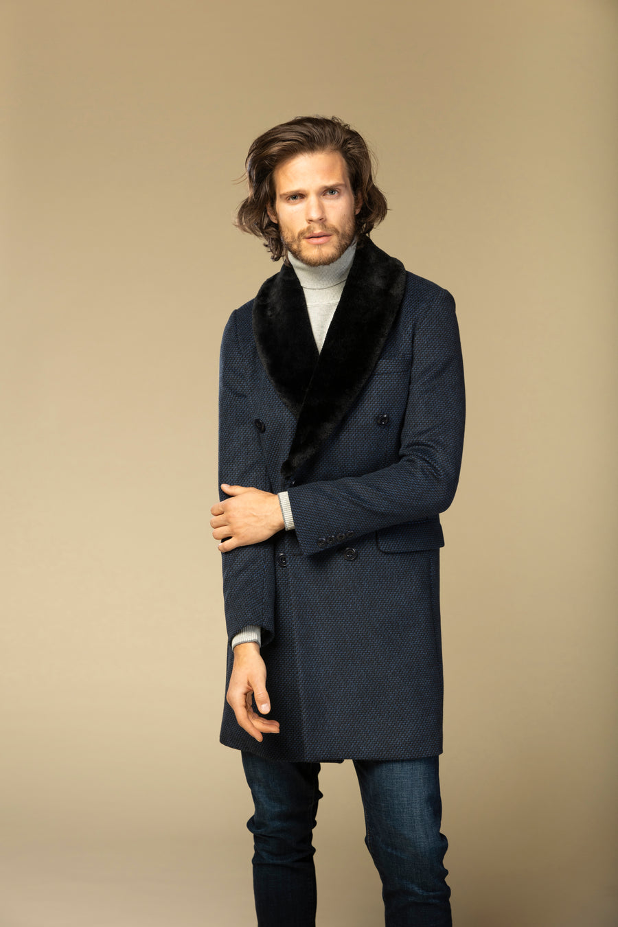 Palton navy cu blana naturala neagra detasabila