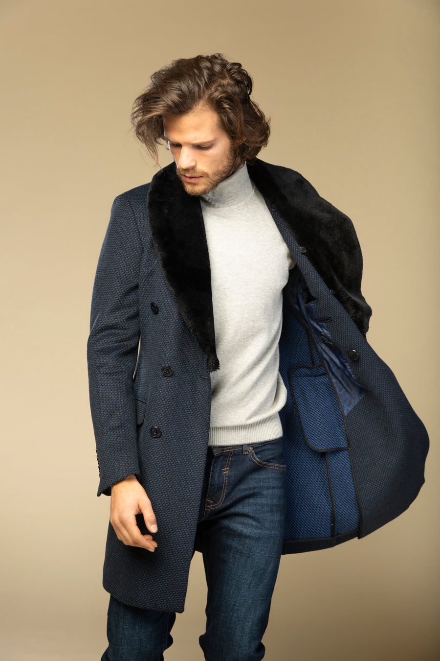 Palton navy cu blana naturala neagra detasabila